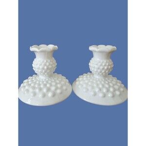 Two FENTON rare Signed Hobnail Milk Glass Candle Holders Cottage Chic Vintage